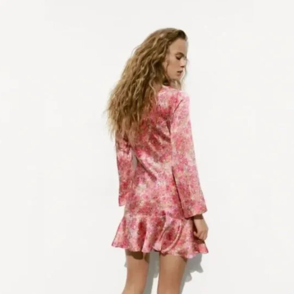 Zara Floral Fit & Flare Blogger Favorite Pink Dress Size L - Picture 7 of 7